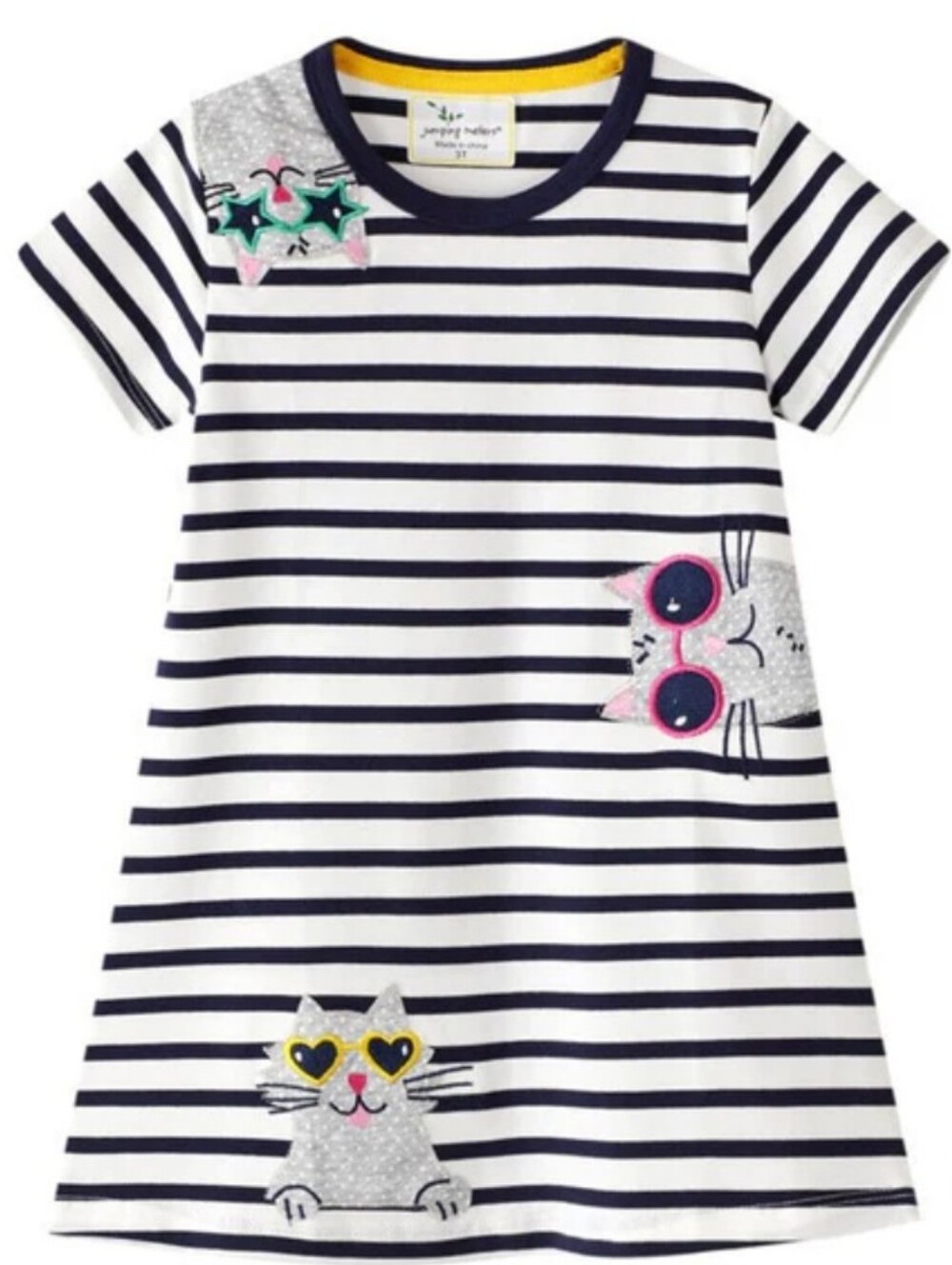 Kidsyard Greenland Striped Cat Appliqué Kids Dress - Navy & White